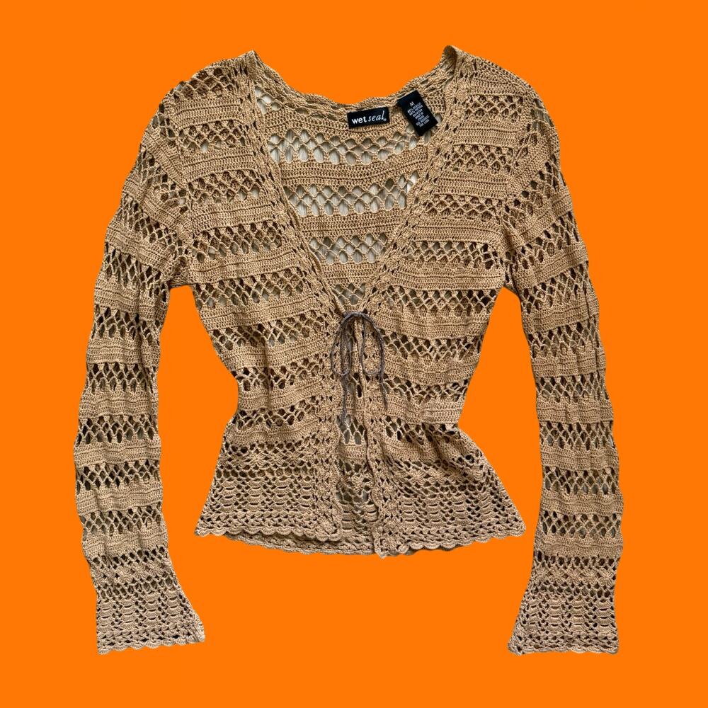 00's vintage tan crochet knit boho y2k open front cardigan MEDIUM wet seal